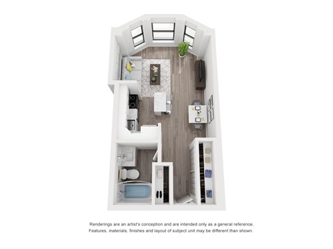 A top down view of a small apartment with a kitchen, living room, and bathroom.